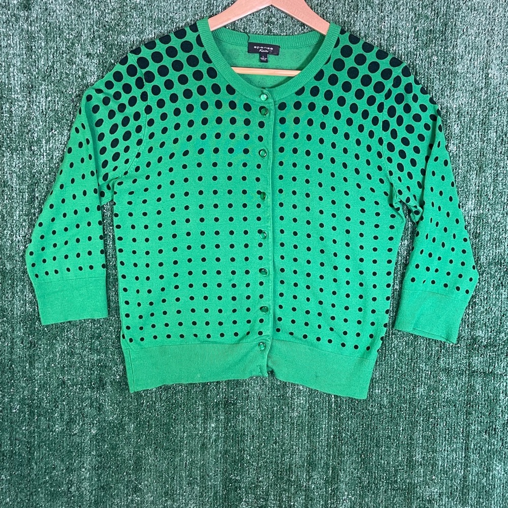 Spense Vibrant Green Cardigan with Black Polka Dots.